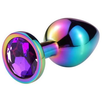 Разноцветная гладкая анальная пробка с фиолетовым кристаллом - 7,5 см.