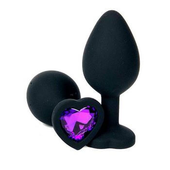 Черная силиконовая пробка с фиолетовым кристаллом-сердцем - 8 см.