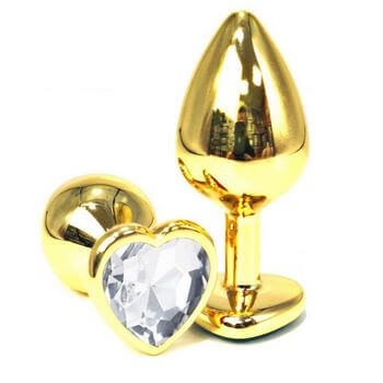 Золотистая анальная пробка с прозрачным кристаллом-сердцем - 6 см.