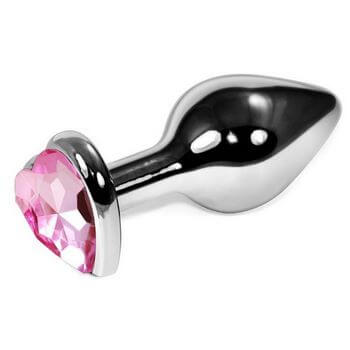 Серебристая анальная пробка с нежно-розовым кристаллом-сердечком - 8 см.