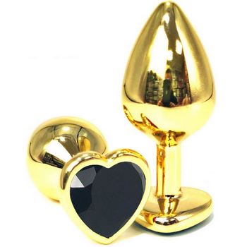 Золотистая анальная пробка с черным кристаллом-сердцем - 7 см.