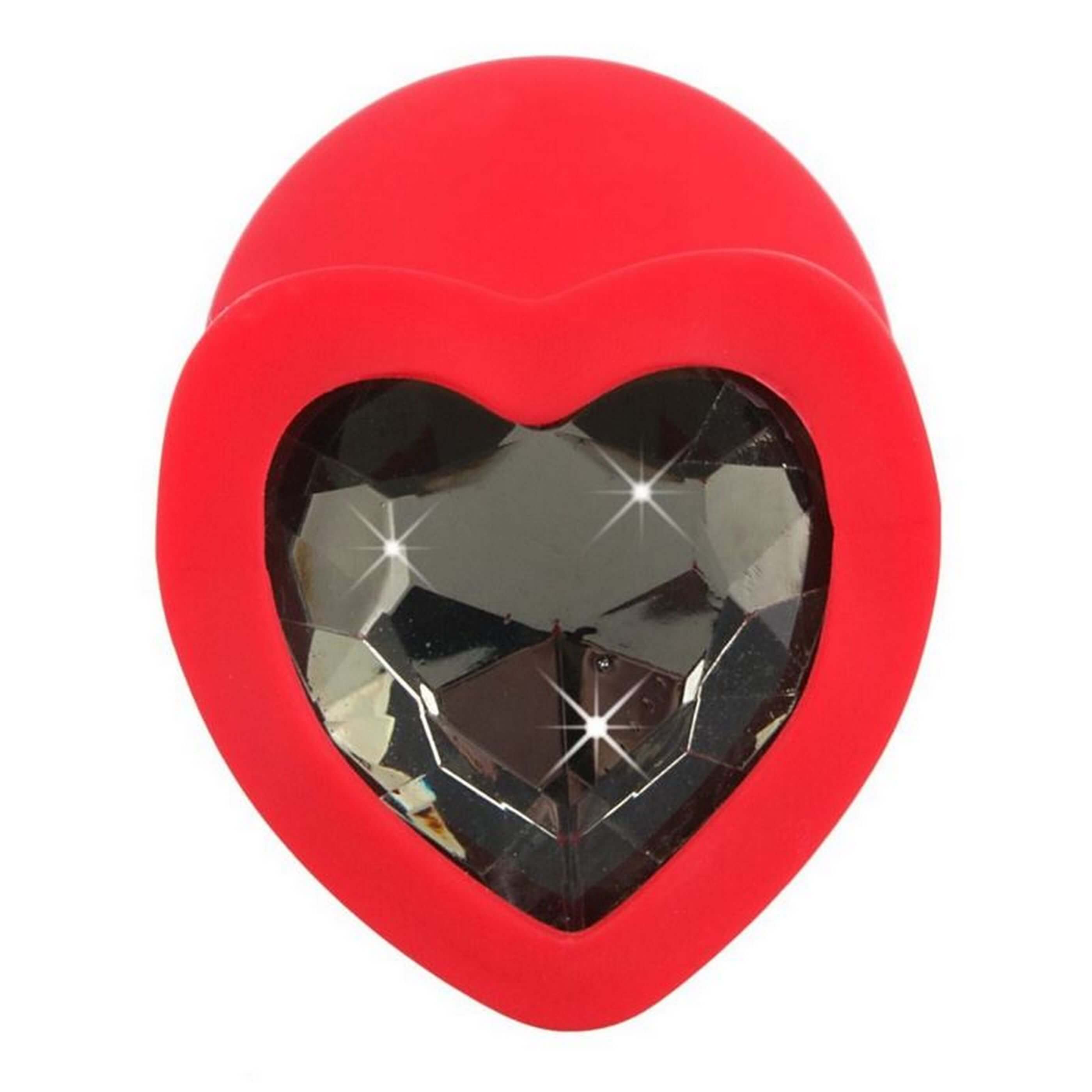 Красная силиконовая анальная пробка с черным стразом-сердечком - 7,9 см.