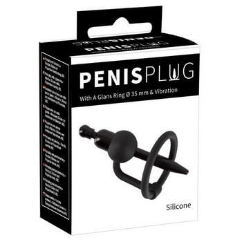 Черный силиконовый дилятор с вибрацией и кольцом PenisPlug with a Glans Ring   Vibration