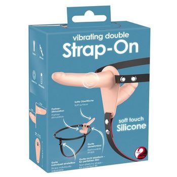 Телесный двойной вибрострапон с вибрацией Vibrating Double Strap-On - 15 см.