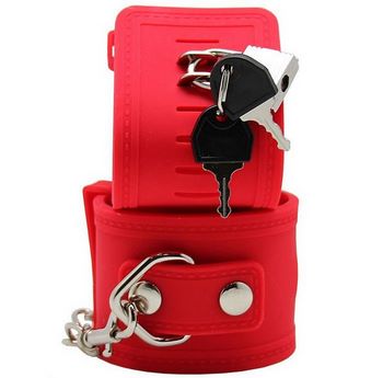 Красные силиконовые наручники с фиксацией и ключиком