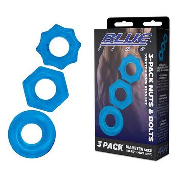 Комплект из трех голубых колец для эрекции 3-Pack Nuts   Bolts Stretch Cock Ring Set