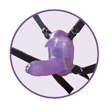 Фиолетовый вибростимулятор в виде рога носорога на регулируемых трусиках и с пультом ДУ