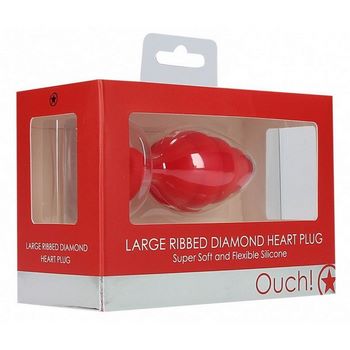 Красная анальная пробка Large Ribbed Diamond Heart Plug - 8 см.