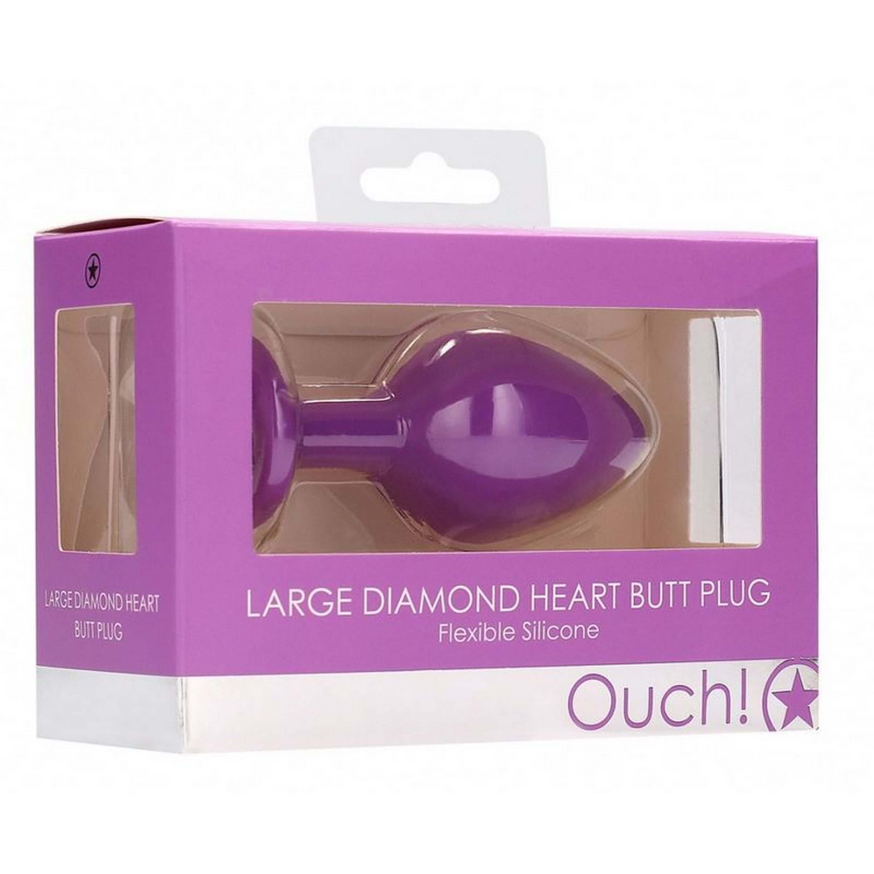 Фиолетовая анальная пробка с прозрачным стразом Large Ribbed Diamond Heart Plug - 8 см.