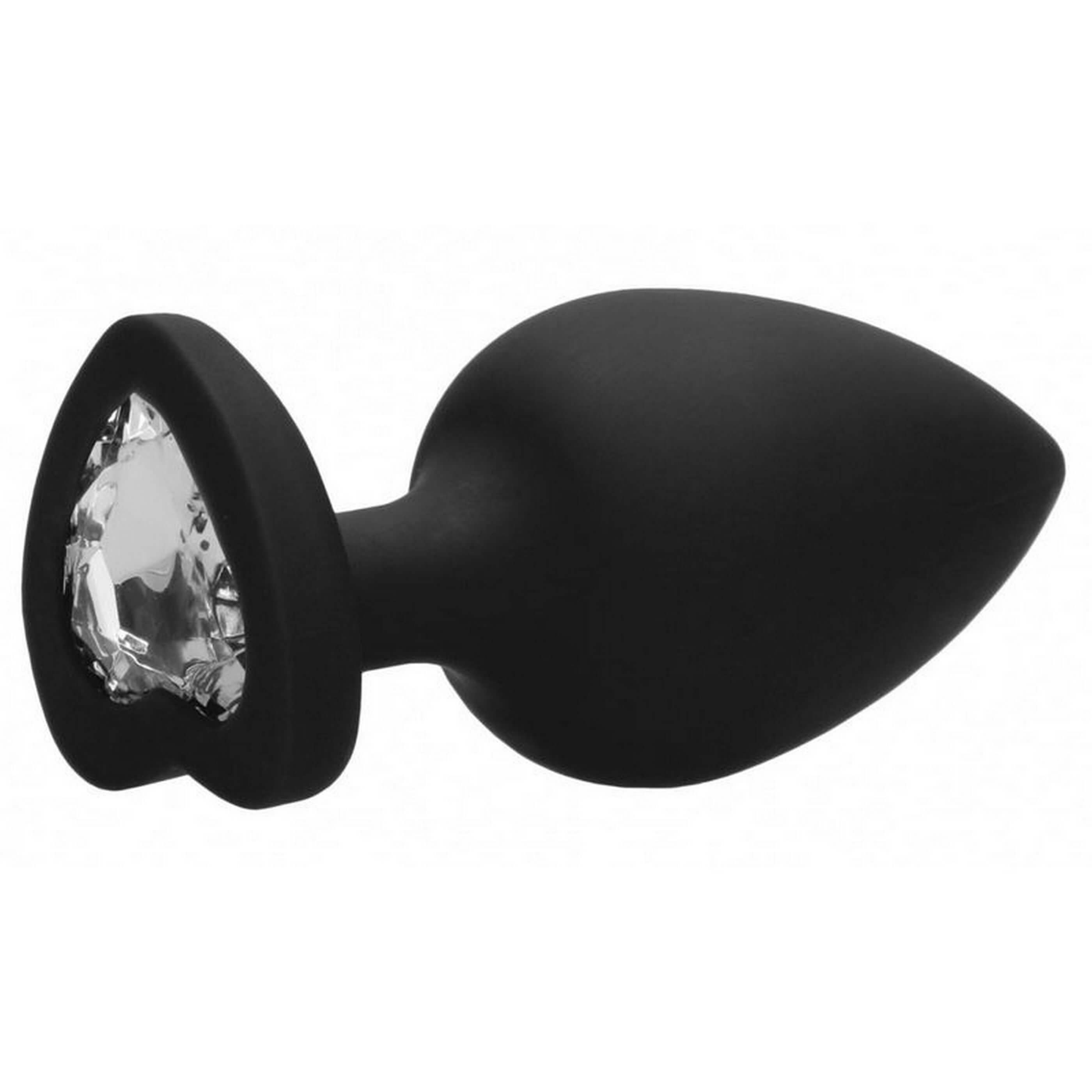 Черная анальная пробка с прозрачным стразом Extra Large Diamond Heart Butt Plug - 9,5 см.