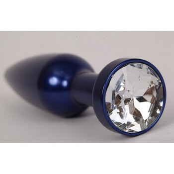 Анальная пробка металл 11,2х2,9см  синяя с прозрачным стразом  размер- L